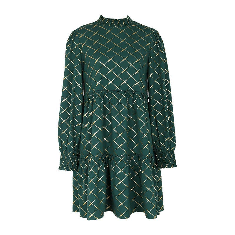 Diamond Long-Sleeved Loose Fit Dress with Gold Stamping