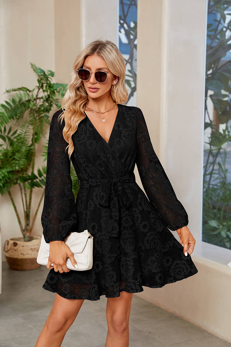 Lace V-Neck Long-Sleeved Lace-Up Dress