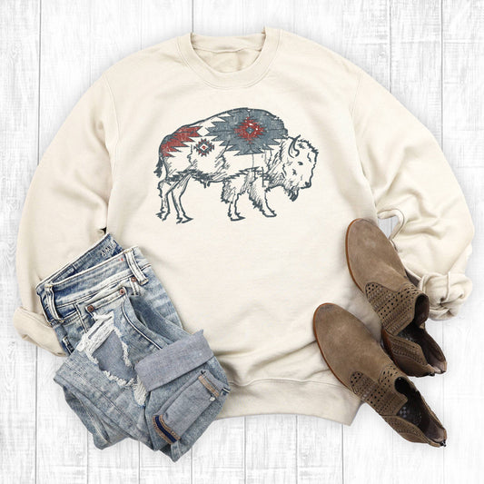 Western Aztec Bison Buffalo Sweatshirt: Sand
