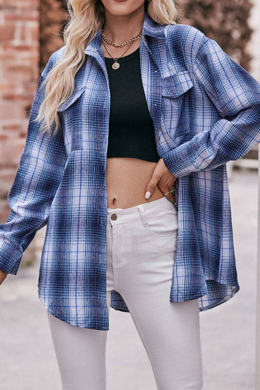 Blue Plaid Button-Up Shirt – Classic Fall Layering Piece