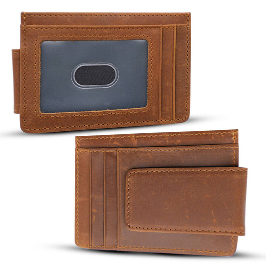 Genuine Leather Magnetic Money Clip Wallet – Full Grain Crazy Horse Leather