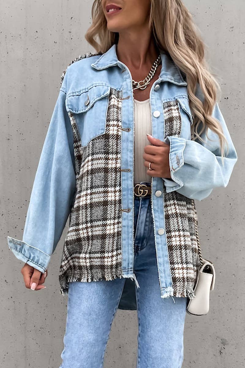 Denim patchwork loose long-sleeved single-breasted coat