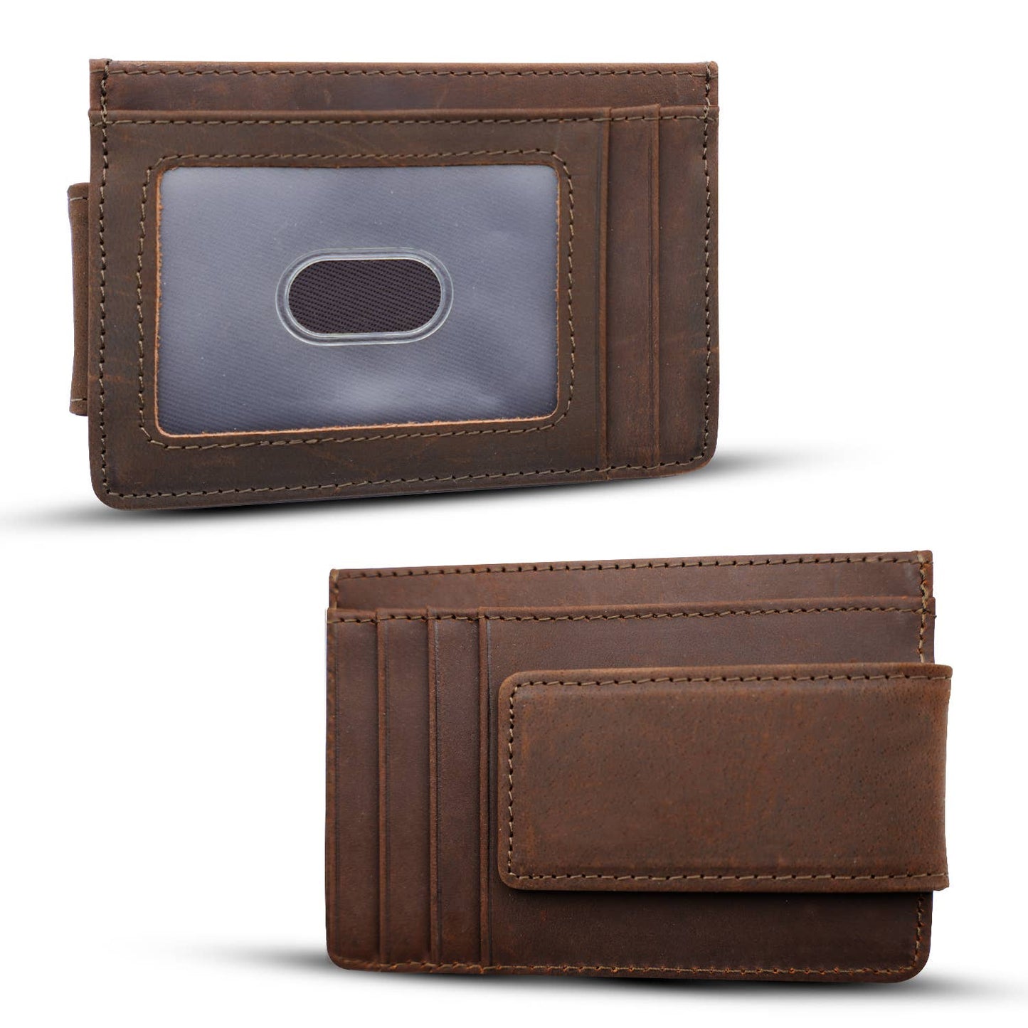 Genuine Leather Magnetic Money Clip Wallet – Full Grain Crazy Horse Leather