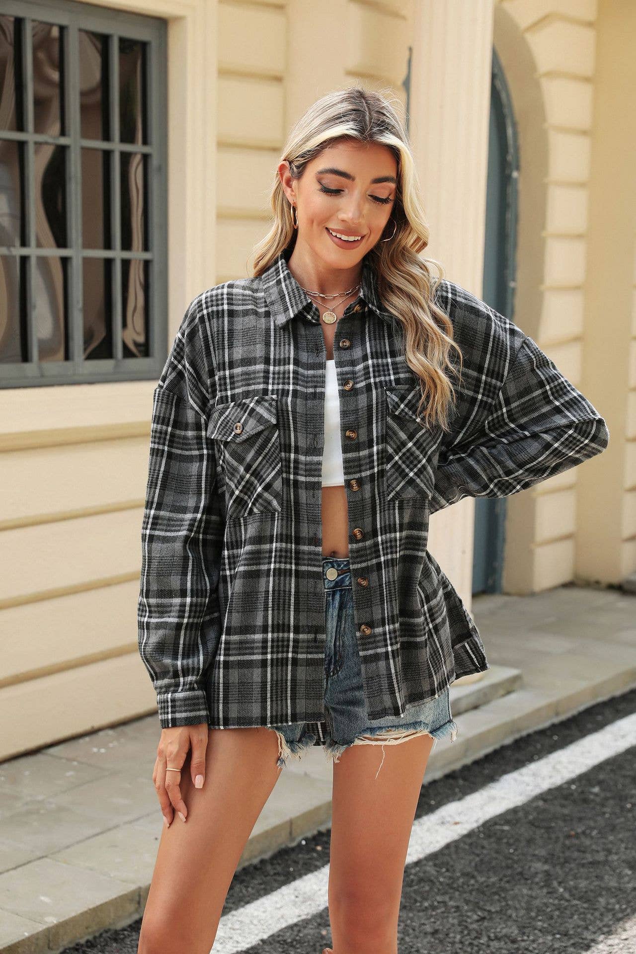 Black, White & Grey Plaid LONG-SLEEVED PLAID SHIRT WITH LAPEL POCKET