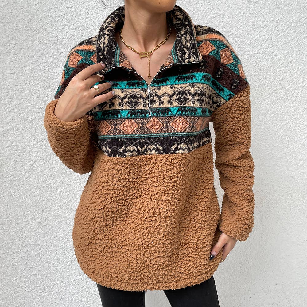 Aztec Printed Lapel Zipper Reversible Fleece Hoodie