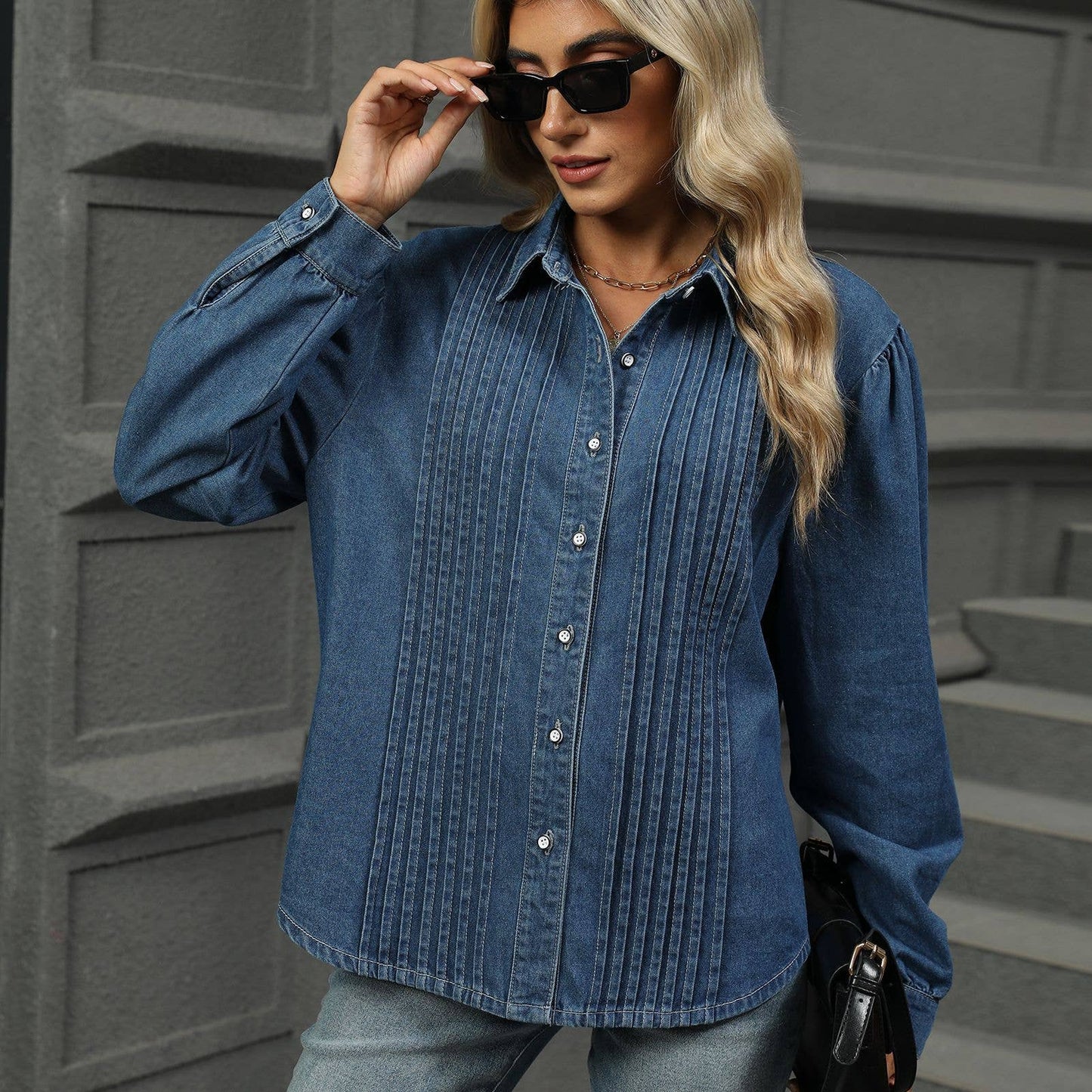 Pleated Denim Shirt – Loose Fit with Long Sleeves