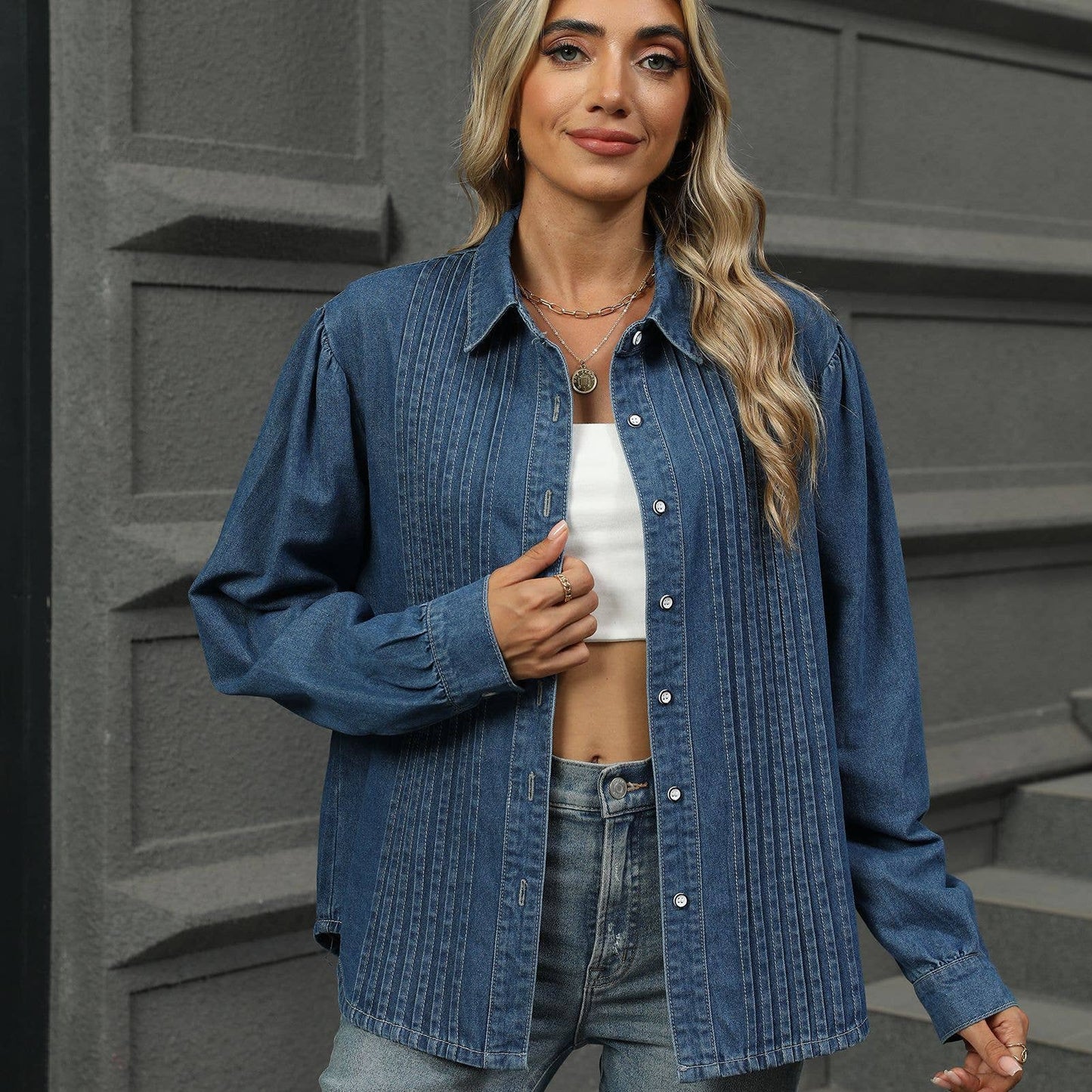 Pleated Denim Shirt – Loose Fit with Long Sleeves