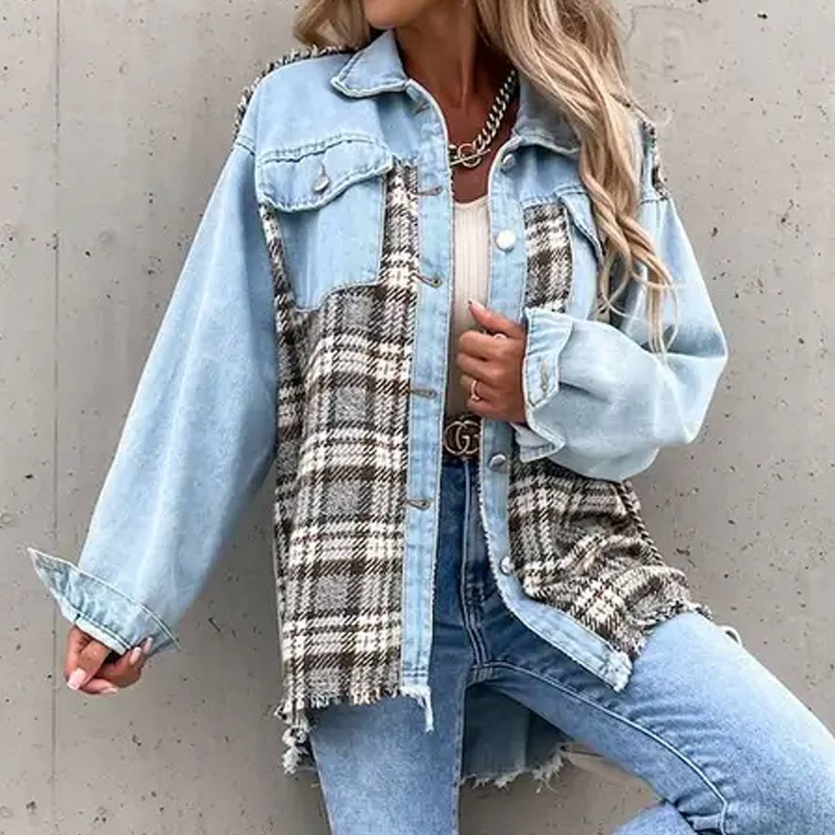 Denim patchwork loose long-sleeved single-breasted coat